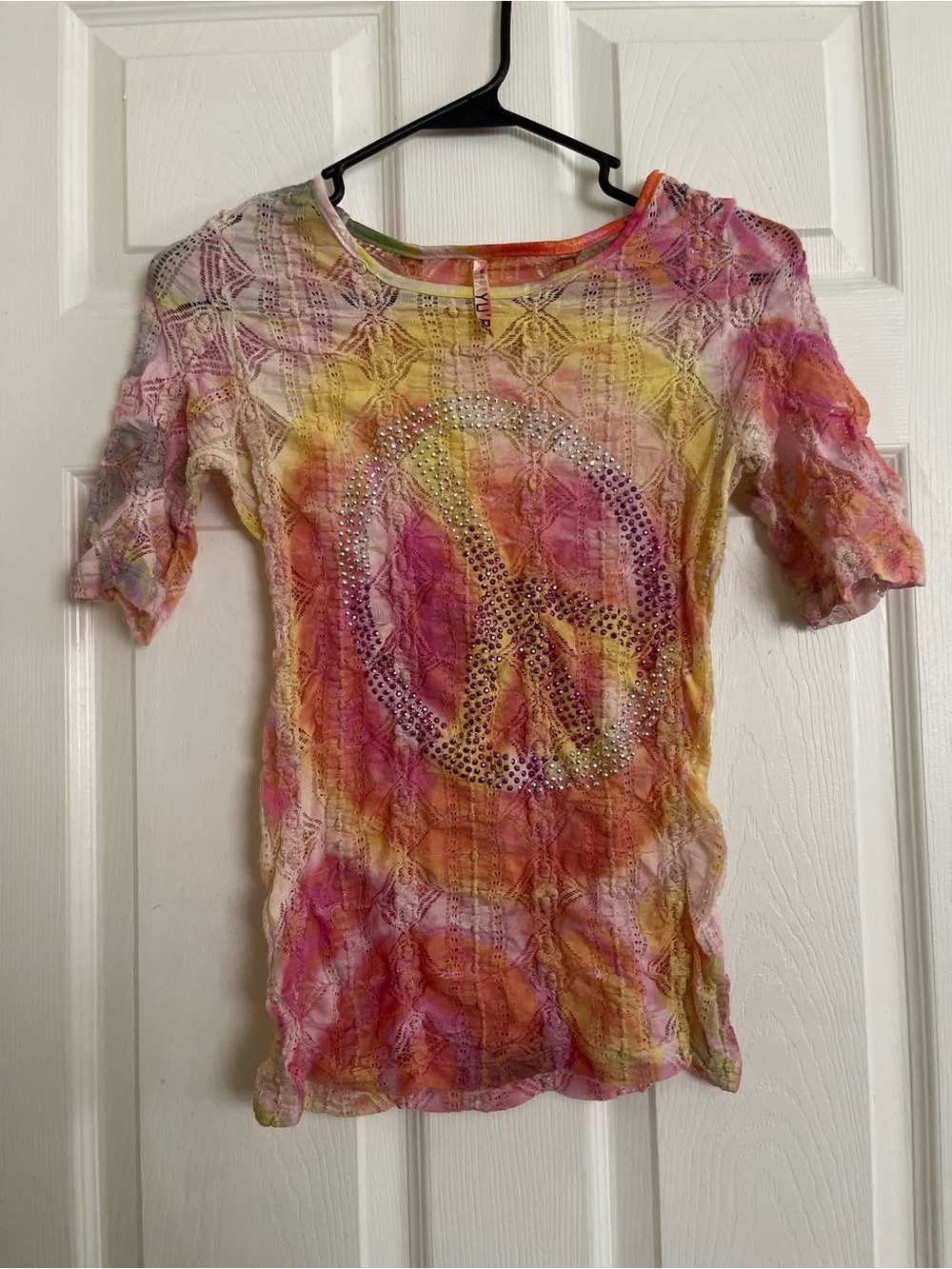 Tie-Dye Lace Short Sleeve Top with Rhinestone Peace Sign